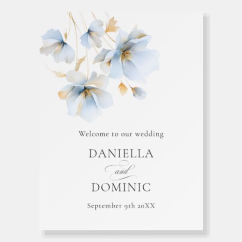 Welcome Sign Dusty Blue Gold Wildflowers Wedding