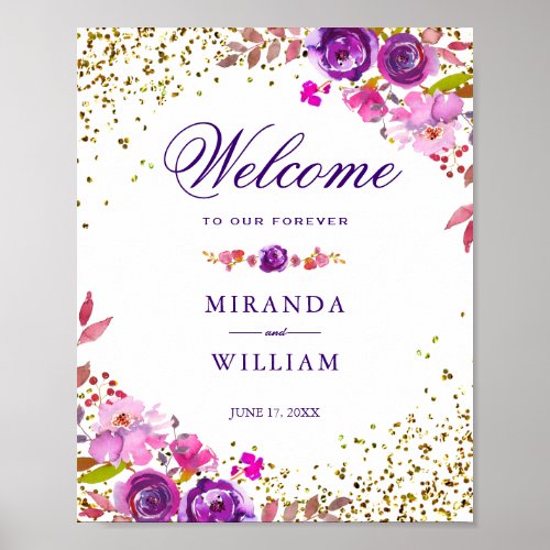 Welcome Sign  Elegant Chic Gold Purple Floral