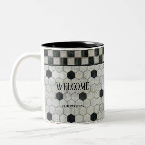 Welcome Sign Farmhouse Vintage Marble Hexagon Tile Two_Tone Coffee Mug