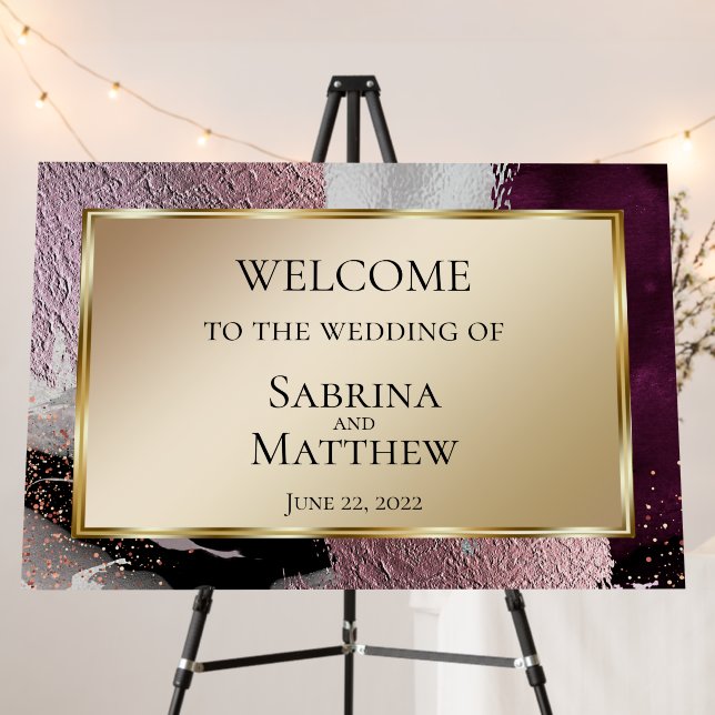 Welcome Sign Gold Cassis Plum Brush Strokes (In Situ (Stand))
