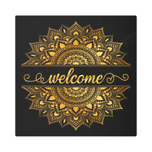 Welcome Sign Gold Mandala on Black (Front)