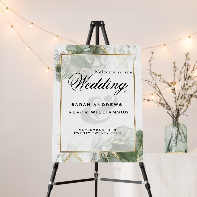 Welcome Sign Gold Muted Sage Green Ink (In Situ (Stand))