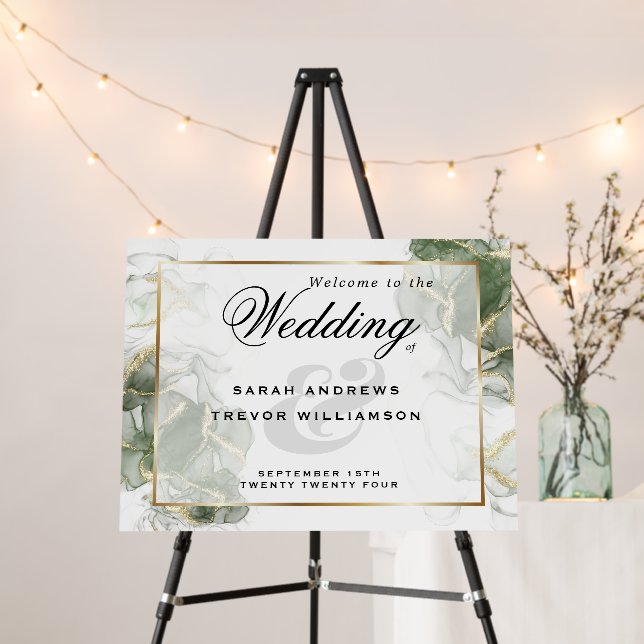Welcome Sign Gold Muted Sage Green Ink (In Situ (Stand))
