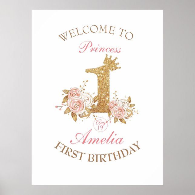 Welcome Sign Golden Crown Princess 1st Birthday  (Front)