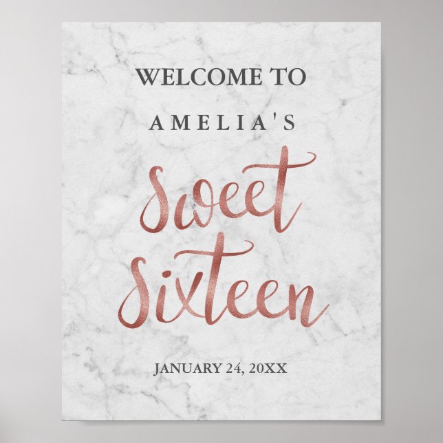 Welcome Sign Marble Faux Rose Gold Sweet Sixteen (Front)