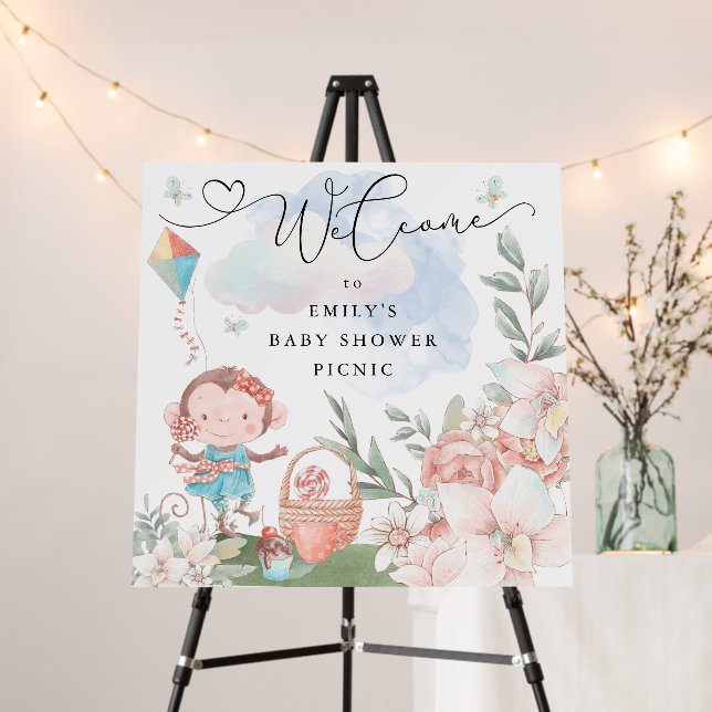 Welcome Sign Monkey Girl Baby Shower Picnic (In Situ (Stand))
