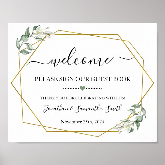Welcome sign our guest book wedding greenery gold (Front)