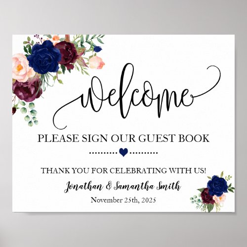 Welcome sign our guest book wedding navy burgundy