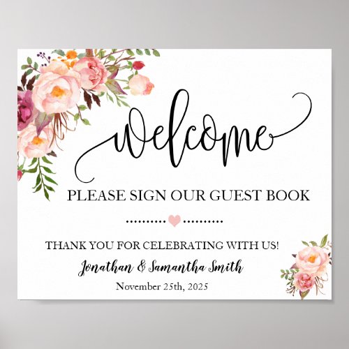 Welcome sign our guest book wedding pink floral