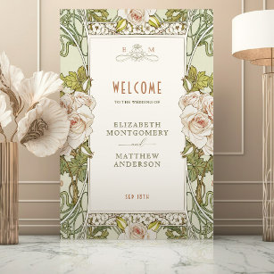 Welcome Sign Pink Roses Vintage Art Nouveau Mucha