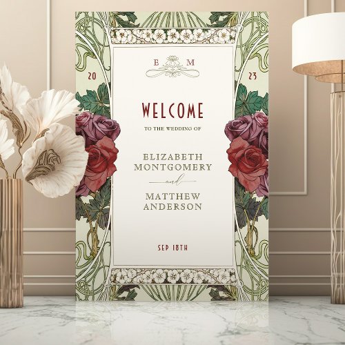 Welcome Sign Pink Roses Vintage Art Nouveau Mucha