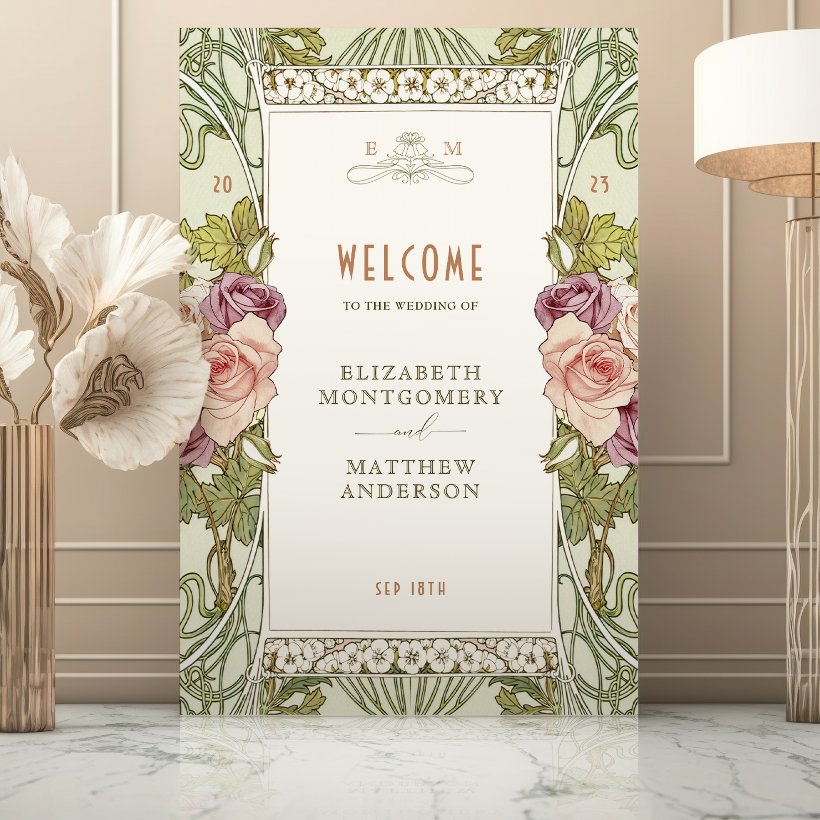 Welcome Sign Pink Roses Vintage Art Nouveau Mucha (Creator Uploaded)