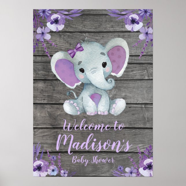 Welcome Sign Poster Elephant Rustic Purple Floral (Front)