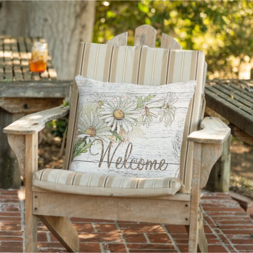Welcome Sign Pretty Vintage Daisy Flowers Outdoor Pillow