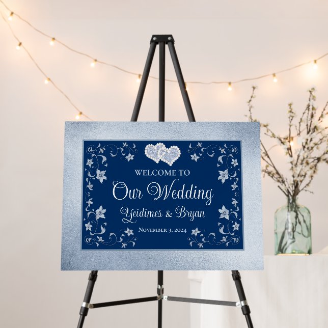 Welcome Sign Royal Blue, Dusty Blue, Hearts (In Situ (Stand))