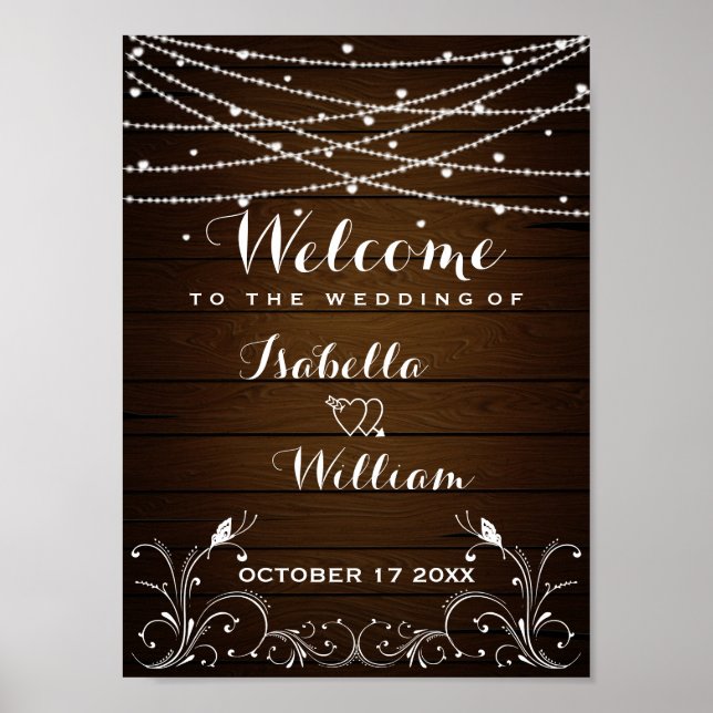 Welcome Sign | Rustic String Lights Hearts Wedding (Front)