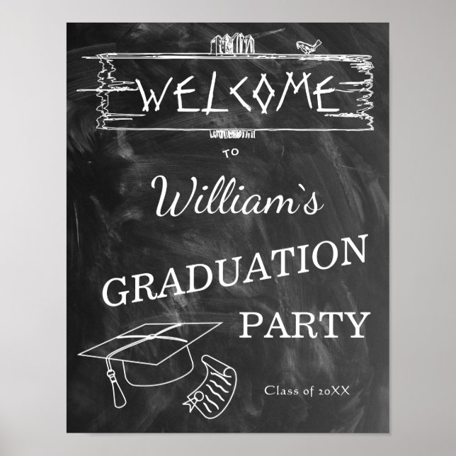 Welcome Sign | Simple Rustic BlackWhite Graduation (Front)