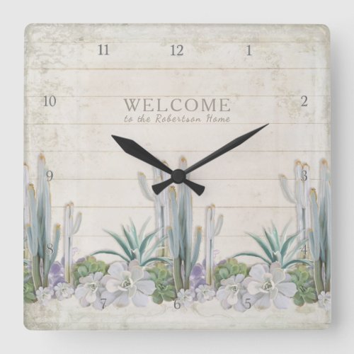 Welcome Sign Vintage Shiplap Wood Desert Cactus Square Wall Clock