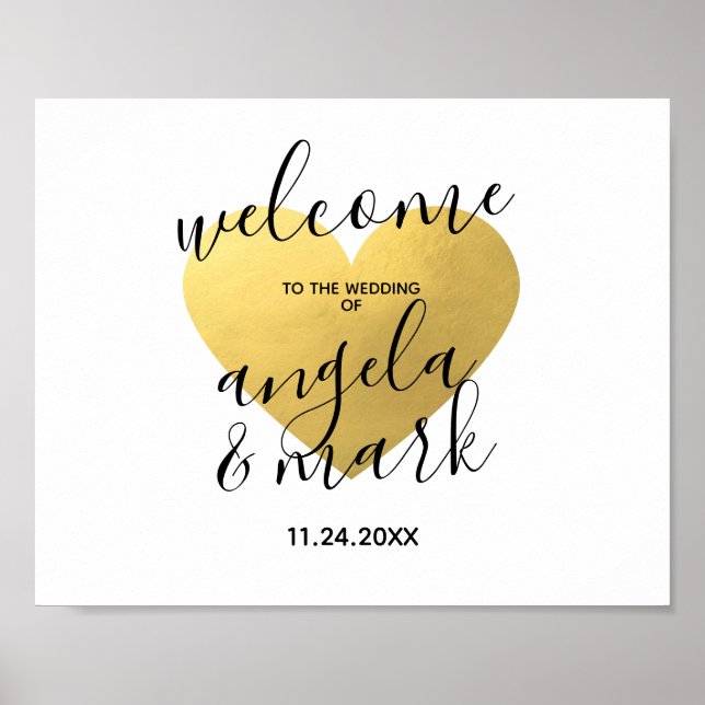 WELCOME Sign Wedding Gold Heart White (Front)
