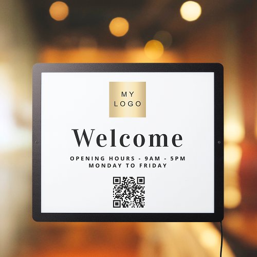 Welcome sign white business logo qr code