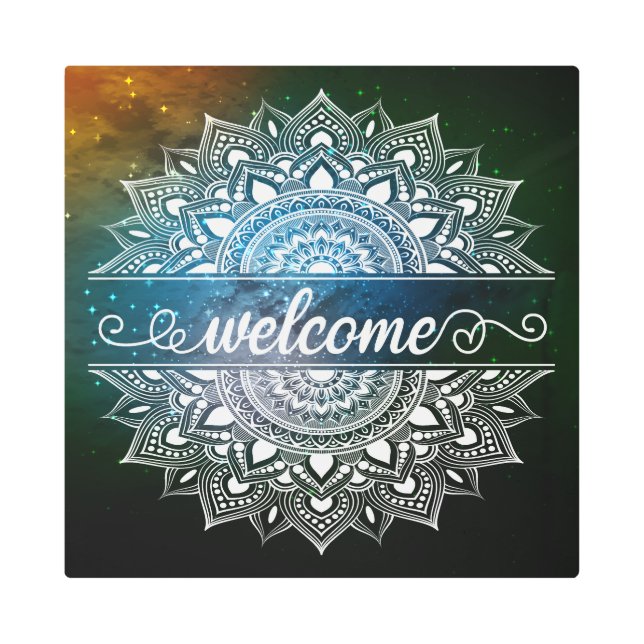 Welcome Sign White Mandala on Space Galaxy Rock (Front)