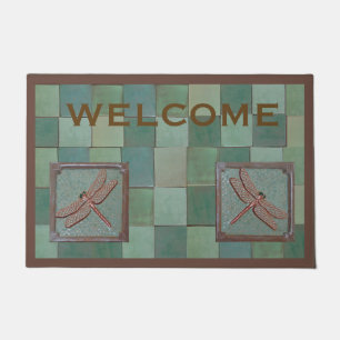 Welcome Sign with Dragonfly tiles Doormat