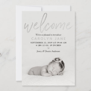 "Welcome" Silver Foil Photo Birth Announcement