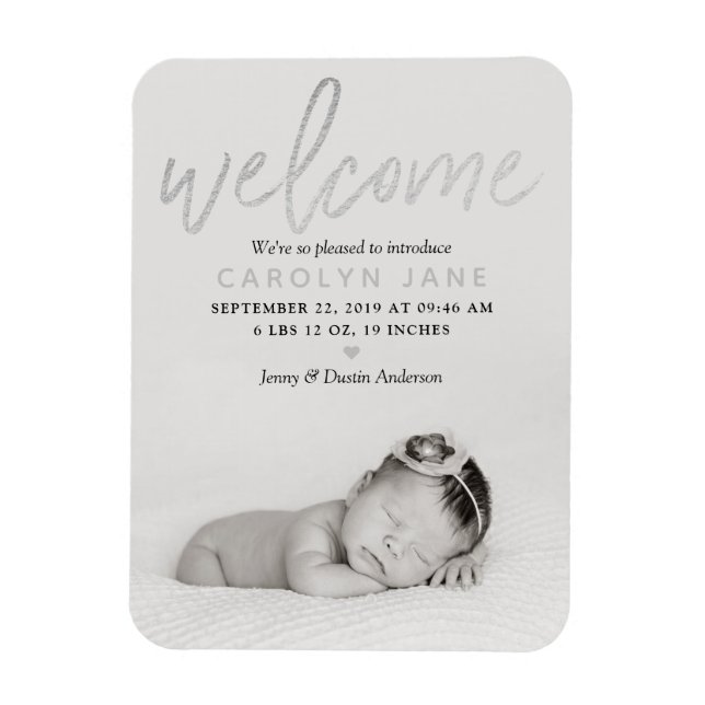 "Welcome" Silver Foil Photo Birth Announcement Magnet (Vertical)