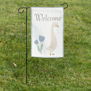 Welcome Simple Dusty Blue Watercolor Goose Floral Garden Flag
