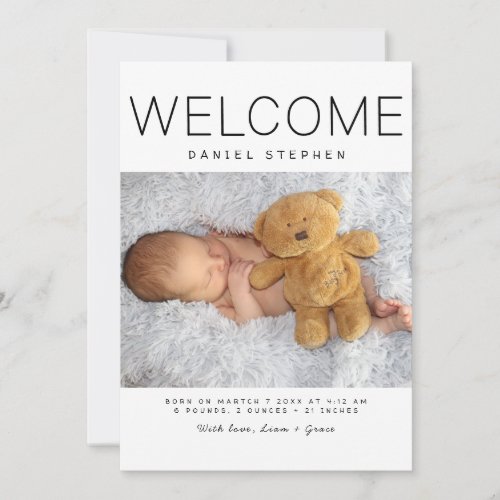 Welcome Simple Modern collage 4 Photo Birth Announcement