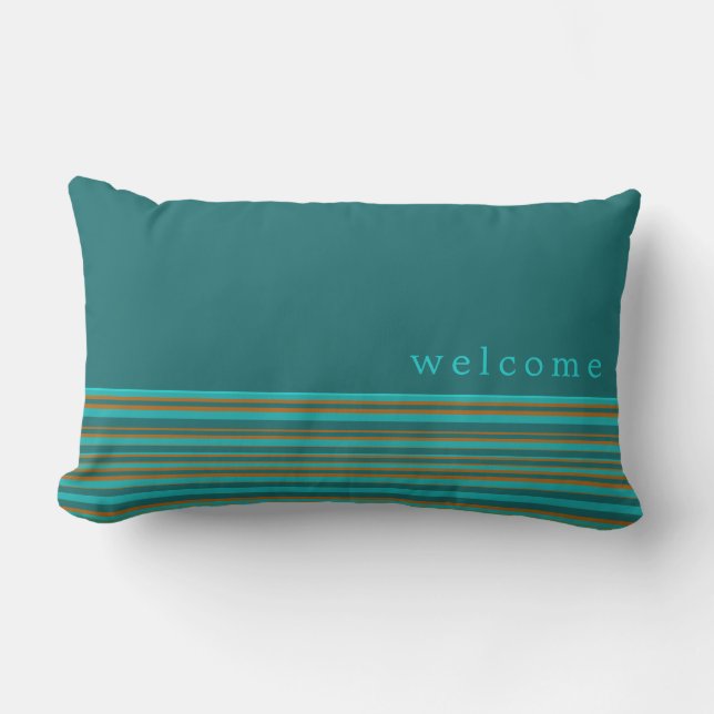 Welcome | Simple Turquoise & Orange Stripe Pattern Lumbar Pillow (Front)