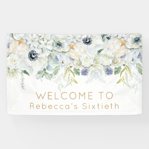 Welcome Sixtieth Birthday Name White Florals Leaf Banner
