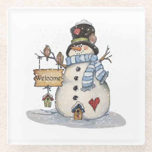 Welcome Snowman Glass Coaster