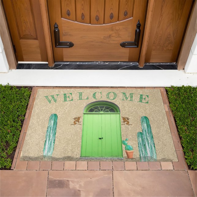WELCOME Southwestern Green Doors Saguaro Cactus Doormat (Outdoor)