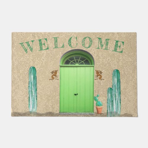 WELCOME Southwestern Green Doors Saguaro Cactus Doormat