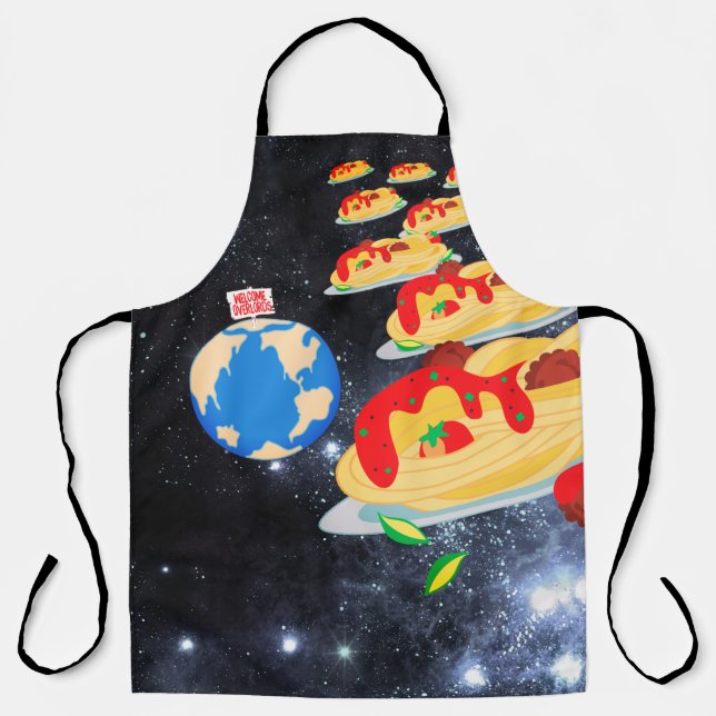 Welcome spaghetti overlords pasta alien invasion apron (Front)