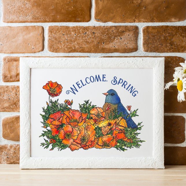 Welcome Spring Bird and Flowers Downloadable Poster (Welcome Spring Bird in Flowers Art Print)