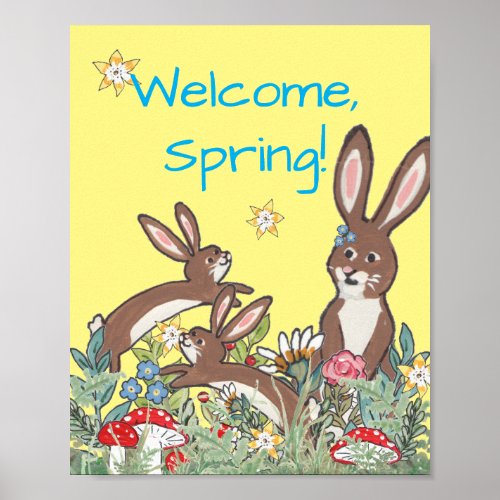 Welcome Spring Bunny Rabbit Flower Garden Cheerful Poster