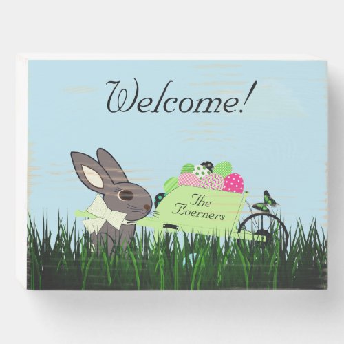 Welcome Spring or Easter Rabbit Wheelbarrow Eggs Wooden Box Sign
