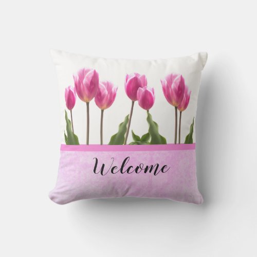 Welcome Spring Pink Tulip  Outdoor Pillow