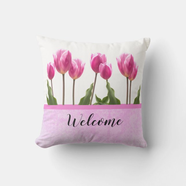 Welcome Spring Pink Tulip  Outdoor Pillow (Front)