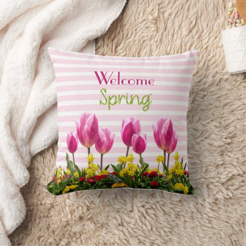 Welcome Spring Pink Tulip Seasonal  Throw Pillow