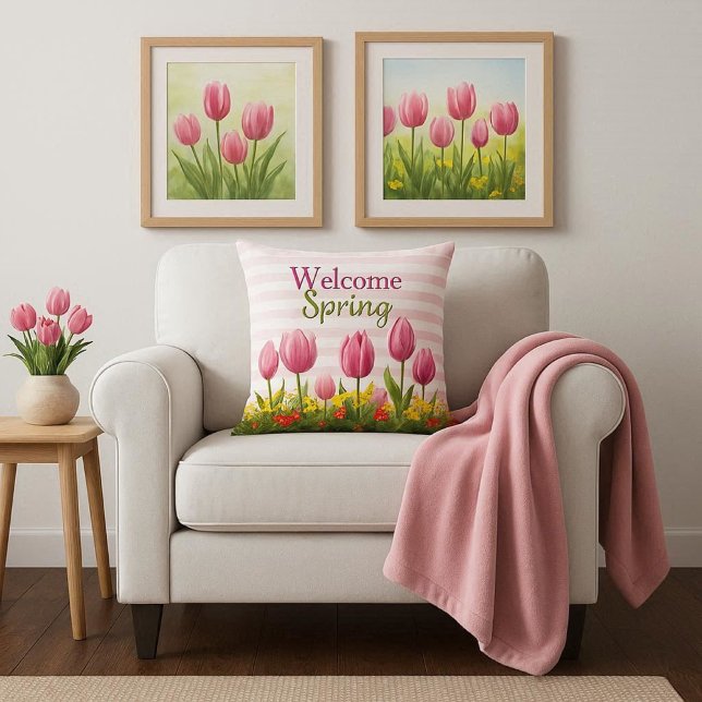 Welcome Spring Pink Tulip Seasonal  Throw Pillow (Welcome spring with cozy pink tulip throw pillow )