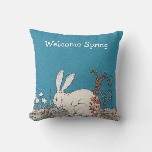 Welcome Spring Pretty White Rabbit in Flowers Throw Pillow