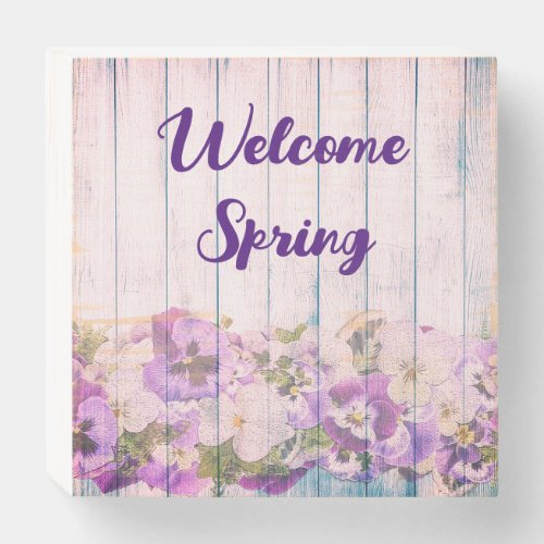 Welcome Spring Purple Pansies Farmhouse Wooden Box Sign
