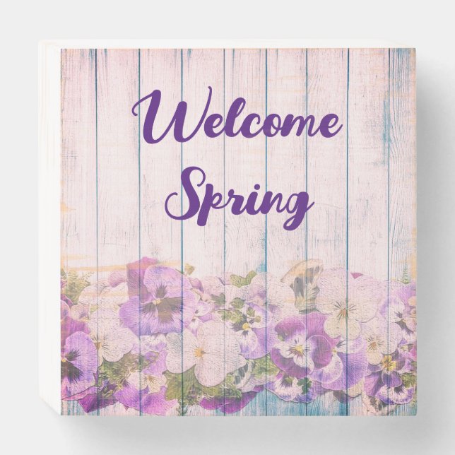 Welcome Spring Purple Pansies Farmhouse Wooden Box Sign (Front Horizontal)