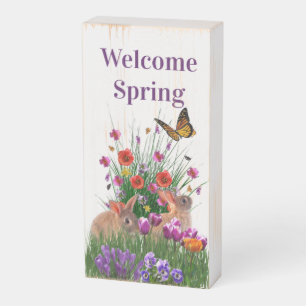 Welcome Spring Rabbits in Flower Garden Wooden Box Sign