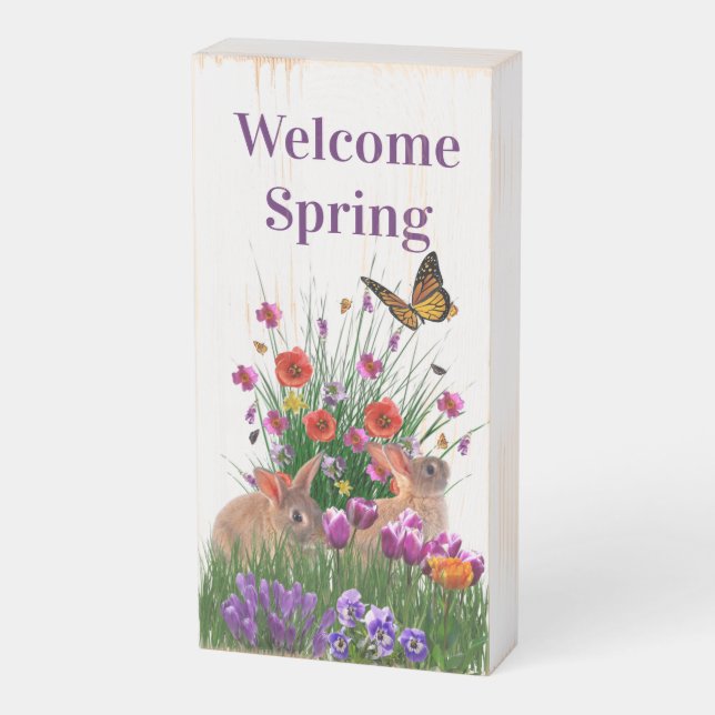Welcome Spring Rabbits in Flower Garden Wooden Box Sign (Angled Vertical)