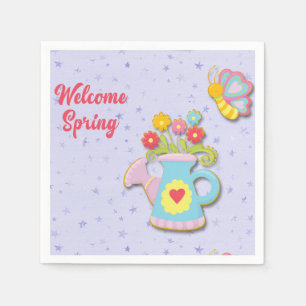 Welcome Spring Watering Can with Flowers Butterfly Napkins