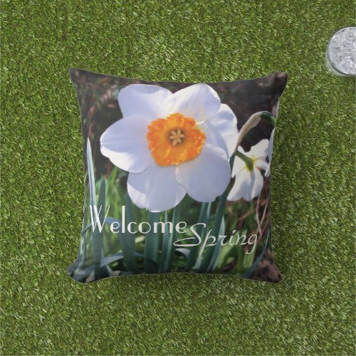 Welcome Spring White Daffodils Flower  Outdoor Pillow